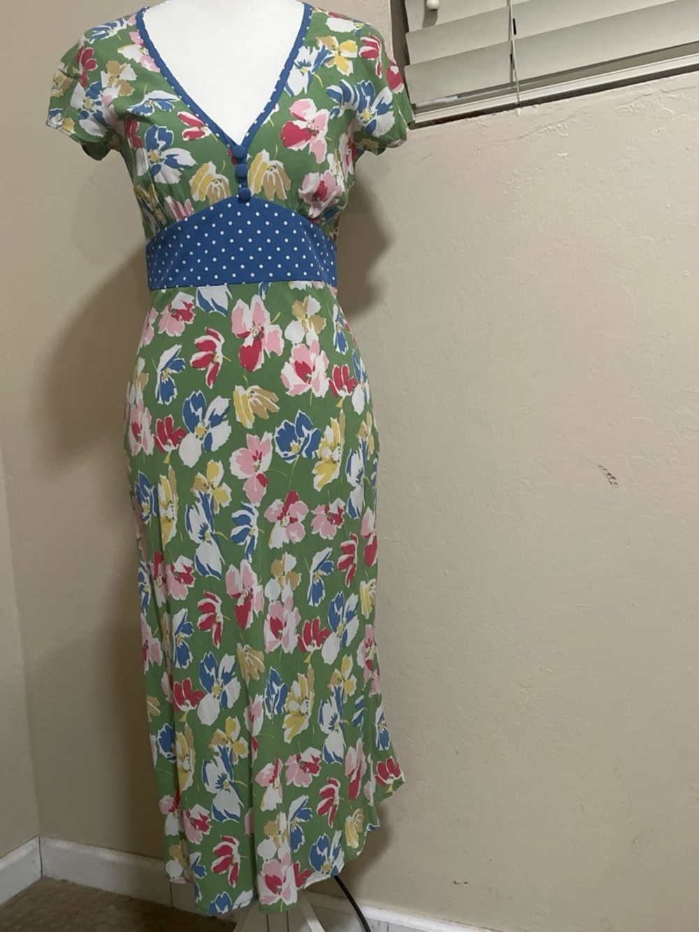 Boden Green Floral Maxi Dress with Blue Polka Dot Waistband